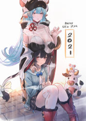 Rule 34 | 2girls, absurdres, animal ears, animal print, bare shoulders, betabeet, bikini, black hair, black skirt, blue hair, blue jacket, blush, breasts, catura (granblue fantasy), cleavage, cow, cow ears, cow girl, cow hat, cow horns, cow print, cow tail, detached collar, detached sleeves, draph, ear piercing, granblue fantasy, highres, horns, jacket, large breasts, long hair, looking at viewer, mouse (animal), multiple girls, piercing, pointy ears, red eyes, see-through, short hair, sitting, skirt, swimsuit, tail, thighhighs, thighs, vikala (granblue fantasy), white bikini, white legwear, wide sleeves