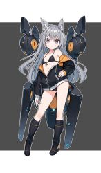 Rule 34 | 1girl, animal ear fluff, animal ears, bare shoulders, black bra, black footwear, black hoodie, black panties, boots, bra, breasts, cat ears, cat girl, closed mouth, clothes down, expressionless, full body, grey background, grey hair, hand on own hip, highres, hood, hood down, hoodie, long hair, long sleeves, looking at viewer, luckyeldayo, no pants, open clothes, open hoodie, original, panties, partially unzipped, purple eyes, simple background, small breasts, solo, standing, two-tone background, underwear, white background