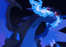 Rule 34 | black background, blue fire, breath weapon, breathing fire, bright pupils, charizard, claws, commentary, creatures (company), dragon, fangs, fire, game freak, gen 1 pokemon, looking down, mega charizard x, mega pokemon, mo~zu, nintendo, no humans, pokemon, pokemon (creature), red eyes, solo, symbol-only commentary