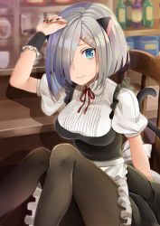 Rule 34 | 10s, 1girl, alternate costume, animal ears, apron, black nails, black pantyhose, blue eyes, breasts, cat ears, cat tail, chair, commentary request, hair ornament, hair over one eye, hairclip, hamakaze (kancolle), highres, indoors, kantai collection, large breasts, maid, maid apron, nail polish, pantyhose, ribbon, shadow, silver hair, solo, tail, yuna (yukiyuna)
