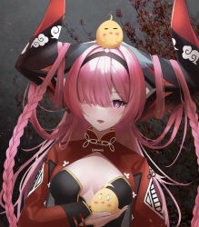 Rule 34 | 1girl, absurdres, animal, azur lane, black dress, black horns, braid, breasts, center opening, chinese clothes, dress, hair on horn, hair over one eye, highres, holding, holding animal, horns, huge horns, kirisamede gzr, long hair, long horns, long sleeves, looking at viewer, mechanical horns, o o, official alternate costume, pink hair, prinz rupprecht (azur lane), prinz rupprecht (the gate dragon advent) (azur lane), purple eyes, red dress, small breasts, solo, twin braids, upper body, very long hair