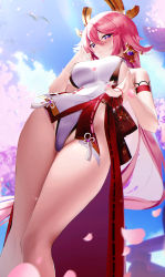 Rule 34 | 1girl, absurdres, bird, blouse, blurry, blurry background, blush, breasts, cherry blossom print, cherry blossoms, closed mouth, day, earrings, falling petals, fantongjun, floral print, from below, genshin impact, glint, hair between eyes, hair ornament, has bad revision, has downscaled revision, highres, japanese clothes, jewelry, kimono, large breasts, looking at viewer, md5 mismatch, miko, obi, petals, pink hair, purple eyes, rainbow, raised eyebrows, resolution mismatch, sash, shirt, single earring, sky, sleeveless, sleeveless shirt, solo, source smaller, sparkle, tassel, thighs, white kimono, white shirt, yae miko