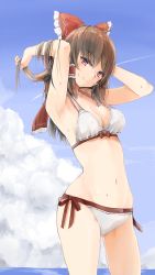 Rule 34 | 1girl, armpits, arms up, bare arms, bare shoulders, bikini, blue sky, bow, breasts, brown hair, closed mouth, cloud, day, hair bow, hair tubes, hakurei reimu, highres, long hair, looking at viewer, medium breasts, navel, pink eyes, red bow, sidelocks, sky, smile, solo, standing, stomach, summer, swimsuit, touhou, white bikini, yamabukiiro (browncat)