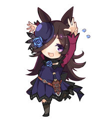 Rule 34 | 1girl, animal ears, arms up, blue dress, blue flower, blue hat, blue rose, brown hair, chibi, commentary request, dagger, dress, fascinator, flower, flying sweatdrops, hair over one eye, hat, hat flower, highres, horse ears, horse girl, horse pose, knife, lace, lace-trimmed dress, lace-trimmed legwear, lace trim, long hair, long sleeves, open mouth, outstretched hand, purple eyes, rice shower (umamusume), rose, sheath, simple background, solo, swept bangs, tilted headwear, umamusume, weapon, white background, yunekoko