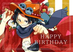 Rule 34 | 1boy, black hair, commentary request, flower, freckles, grey eyes, hat, highres, looking at viewer, male focus, noise pp, one piece, orange hat, portgas d. ace, scarf, short hair, smile, solo, upper body