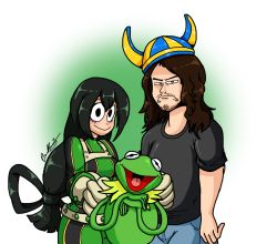 Rule 34 | &gt;:(, 1girl, 2boys, angry, annoyed, asui tsuyu, black eyes, black shirt, blush stickers, bodysuit, boku no hero academia, brown hair, closed mouth, commentary, crossover, facial hair, frog, frog girl, frown, gloves, green background, green bodysuit, green hair, hair between eyes, hat, joel (vinesauce), kermit the frog, long hair, looking at viewer, multiple boys, muppets, shiny clothes, shirt, shitforbrainschan, short sleeves, simple background, smile, standing, trait connection, very long hair, vinesauce, white background