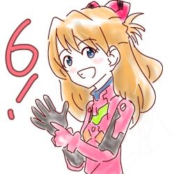 Rule 34 | 1girl, artist request, blue eyes, blush, bodysuit, breasts, brown hair, grin, hair ornament, long hair, looking at viewer, neon genesis evangelion, plugsuit, red bodysuit, shiny clothes, skin tight, small breasts, smile, solo, souryuu asuka langley, translation request, two side up, white background