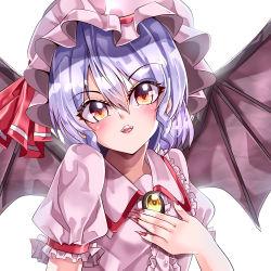Rule 34 | 1girl, absurdres, backlighting, bat wings, blouse, brooch, center frills, collared shirt, commentary request, fingernails, frilled shirt collar, frilled sleeves, frills, hair between eyes, hand on own chest, hat, hat ribbon, head tilt, highres, jewelry, looking at viewer, mahoro (minase mahoro), mob cap, nail polish, open mouth, orange eyes, pink hat, pink shirt, puffy short sleeves, puffy sleeves, purple hair, red nails, red ribbon, remilia scarlet, ribbon, sharp fingernails, shirt, short hair, short sleeves, simple background, solo, teeth, touhou, upper body, upper teeth only, white background, wings, yellow brooch