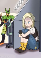 Rule 34 | 1boy, 1girl, android 18, anime girl hiding from a terminator (meme), bangle, black footwear, black gloves, black vest, blonde hair, blouse, blue eyes, bracelet, cell (dragon ball), chair, denim, dragon ball, dragonball z, earrings, gloves, hiding, highres, jeans, jewelry, mary janes, meme, nashdnash2007, necklace, office, office chair, orange legwear, pants, parody, pearl necklace, scared, semi-perfect cell, shirt, shoes, swivel chair, tears, terminator (series), the terminator, vest, white shirt