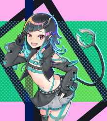 Rule 34 | 1girl, nanashi inc., asymmetrical gloves, belt, belt bra, black gloves, black hair, black jacket, black skirt, black thighhighs, blue belt, blue hair, blue panties, chest belt, clothing cutout, commentary request, cowboy shot, cropped jacket, cross-laced clothes, cross-laced sleeves, demon girl, demon horns, demon tail, fang, flat chest, garter straps, gloves, grey skirt, halftone, halftone background, highleg, highleg panties, highres, horns, jacket, kourimizu suika, layered skirt, long hair, long sleeves, looking at viewer, midriff, multicolored hair, navel, open clothes, open jacket, open mouth, panties, partially fingerless gloves, pointy ears, red eyes, shishio chris, shoulder cutout, single thighhigh, skirt, smile, solo, sugar lyric, tail, thighhighs, two-tone hair, underwear, uneven eyes, v, virtual youtuber, zipper, zipper skirt