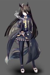 Rule 34 | 1girl, ahoge, animal ears, black gloves, black hair, black jacket, black pantyhose, black shirt, black skirt, collared shirt, commentary request, cup, earrings, full body, gloves, grey background, hair between eyes, holding, holding cup, horse ears, horse girl, horse tail, jacket, jewelry, leon no neko, looking at viewer, manhattan cafe (umamusume), multicolored hair, necktie, one-hour drawing challenge, open clothes, open jacket, pantyhose, pleated skirt, shirt, simple background, single earring, skirt, smile, solo, streaked hair, tail, umamusume, white footwear, white hair, yellow eyes, yellow necktie