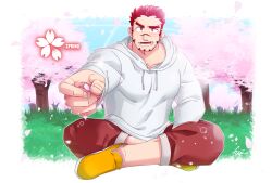 Rule 34 | 1boy, akashi (live a hero), bara, border, cherry blossoms, crossed legs, facial hair, fading border, foreshortening, fujishima kazuya, full body, goatee, highres, incoming drink, large pectorals, light blush, live a hero, long sideburns, looking at viewer, male focus, muscular, muscular male, pectorals, red eyes, red hair, sanpaku, scar, scar on face, scar on nose, short hair, sideburns, solo, thick eyebrows