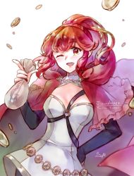 Rule 34 | anna (fire emblem), belt, breasts, cape, chest strap, choker, cleavage, dress, fire emblem, fire emblem fates, fire emblem heroes, hand on own hip, highres, hip focus, holding, holding money, hood, liefe, long hair, money, nintendo, one eye closed, ponytail, red eyes, red hair, smile, solo, thief, tight clothes, tight dress, tucked money, wide hips