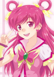 Rule 34 | 00s, 1girl, brooch, bug, butterfly, colored eyelashes, cure dream, earrings, flower, hair rings, bug, jewelry, long hair, magical girl, makina, pink eyes, pink flower, pink hair, pink rose, pink theme, precure, rose, smile, solo, v, yes! precure 5, yumehara nozomi