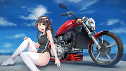 Rule 34 | 10s, 1girl, alternate hairstyle, ashigara (kancolle), black hair, black one-piece swimsuit, brown eyes, competition swimsuit, day, hassen (8cm), highres, honda, honda v45 magna, kantai collection, long hair, looking at viewer, motor vehicle, motorcycle, one-piece swimsuit, one eye closed, open mouth, ponytail, sitting, smile, solo, swimsuit, thighhighs, white thighhighs