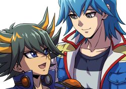 Rule 34 | 2boys, black hair, black shirt, blue eyes, blue hair, blue jacket, bruno (yu-gi-oh!), collarbone, commentary request, facial tattoo, fudo yusei, grey eyes, high collar, highres, jacket, looking at another, male focus, multicolored hair, multiple boys, open clothes, open jacket, open mouth, shirt, short hair, simple background, smile, spiked hair, streaked hair, t-shirt, tattoo, upper body, white background, youko-shima, yu-gi-oh!, yu-gi-oh! 5d&#039;s