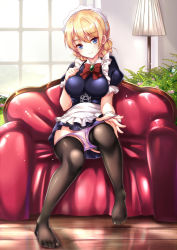 Rule 34 | 10s, 1girl, apron, black thighhighs, blonde hair, blue dress, blue eyes, blush, bow, bowtie, braid, breasts, couch, darjeeling (girls und panzer), dress, feet, flower, frilled dress, frills, full body, gairou (takakuan), girls und panzer, lamp, large breasts, legs, looking at viewer, maid, maid apron, maid headdress, no shoes, panties, panty pull, plant, pleated dress, pulling own clothes, purple panties, sitting, smile, solo, thighhighs, underwear, undressing, waist apron, window, wrist cuffs