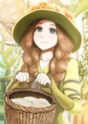 Rule 34 | 1girl, animification, basket, braid, carnivorous plant, dress, flower, green dress, green eyes, green hat, harry potter (series), hat, hat flower, highres, hogwarts legacy, holding, holding basket, long hair, long sleeves, looking at viewer, low twin braids, mirabel garlick, naziproteinhall, plant, smile, twin braids, witch hat, wizarding world