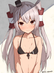Rule 34 | 1girl, amatsukaze (kancolle), bare shoulders, bikini, black bikini, blush, breasts, brown eyes, closed mouth, collarbone, commentary request, front-tie bikini top, front-tie top, hair between eyes, hair tubes, highres, kantai collection, long hair, looking at viewer, navel, revision, sidelocks, silver hair, small breasts, smokestack, smokestack hair ornament, solo, swimsuit, takanashi kei (hitsujikan), twitter username, two side up, underwear, upper body, very long hair