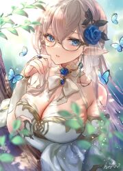 Rule 34 | 1girl, arm under breasts, blonde hair, blue butterfly, blue eyes, blurry, blurry foreground, blush, bow, bowtie, breasts, bridal gauntlets, bug, butterfly, cleavage, collarbone, commentary request, dappled sunlight, dress, elf, flower, glasses, hair flower, hair ornament, hand on own face, hi-na1, highres, insect, jewelry, large breasts, leaf, light particles, long hair, looking to the side, off-shoulder dress, off shoulder, original, pointy ears, ring, solo, sunlight, tree, upper body, very long hair, white dress
