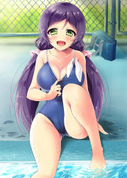 Rule 34 | 10s, 1girl, :d, bag, barefoot, blush, breasts, chain-link fence, cleavage, competition school swimsuit, fence, green eyes, large breasts, long hair, looking at viewer, love live!, love live! school idol festival, love live! school idol project, one-piece swimsuit, open mouth, pool, poolside, purple hair, school bag, school swimsuit, sitting, smile, soaking feet, solo, swimsuit, tojo nozomi, twintails, wet, yuunagi seshina