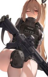 Rule 34 | 1girl, assault rifle, black gloves, black shirt, black shorts, breasts, brown hair, bulletproof vest, closed mouth, commission, dolphin shorts, gloves, gun, hair between eyes, hair ribbon, highres, knee pads, large breasts, long hair, looking at viewer, micro shorts, nine (kanine41), one eye closed, original, playboy, red eyes, ribbon, rifle, shirt, short shorts, short sleeves, shorts, side ponytail, simple background, sitting, smile, solo, thighs, very long hair, vest, weapon, white background, zipper