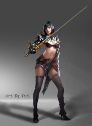 Rule 34 | 1girl, akizhao, armor, blue hair, boots, fantasy, gauntlets, high heels, original, pointy ears, rapier, realistic, shoes, solo, sword, thigh boots, thighhighs, weapon
