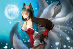 Rule 34 | 1girl, ahri (league of legends), animal ears, bare shoulders, black hair, breasts, cleavage, detached sleeves, energy ball, facial mark, fox ears, fox tail, korean clothes, large breasts, league of legends, lips, long hair, multiple tails, slit pupils, solo, tail, whisker markings, yellow eyes