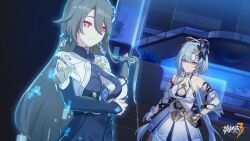 Rule 34 | 2girls, aged up, bare shoulders, blue hair, breasts, chinese commentary, cleavage cutout, closed mouth, clothing cutout, detached sleeves, dress, earrings, gloves, griseo, griseo (cosmic expression), hair between eyes, hand on own hip, highres, honkai (series), honkai impact 3rd, indoors, jewelry, large breasts, light blue hair, logo, long hair, multiple girls, official art, official wallpaper, peacock feathers, purple eyes, red eyes, smile, twintails, upper body, v-shaped eyebrows, very long hair, vita (honkai impact), white dress, white gloves, white sleeves, yellow pupils