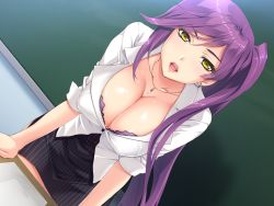 Rule 34 | 1girl, bra, breasts, chalkboard, cleavage, downblouse, dutch angle, earrings, game cg, jewelry, large breasts, leaning forward, lips, long hair, looking at viewer, mochizuki nozomu, necklace, ole-m, ootori nanao, open mouth, pencil skirt, pinstripe pattern, purple bra, purple hair, saimin class wonderful, side ponytail, skirt, solo, teacher, underwear, very long hair, yellow eyes