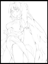 Rule 34 | 1girl, absurdres, ahoge, ainu clothes, aquaplus, arms up, ass, blush, breasts, cowboy shot, dress, feathered wings, from below, from side, greyscale, hair between eyes, highres, camyu, large wings, long sleeves, medium breasts, monochrome, open mouth, pex, raised eyebrows, short hair, sidelocks, solo, taut clothes, thighs, utawarerumono, wings