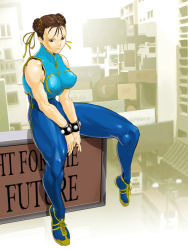 Rule 34 | 1girl, bare shoulders, bodysuit, bracelet, braid, breasts, brown eyes, brown hair, capcom, chinese clothes, chun-li, double bun, double vertical stripe, covered erect nipples, hair ribbon, jewelry, large breasts, legs, leotard, muscular, ribbon, shimotsuki juugo, shoes, sitting, skin tight, sneakers, solo, spandex, street fighter, thick thighs, thighs, unitard