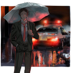 Rule 34 | 1boy, adachi tooru, belt, black eyes, black hair, black jacket, black pants, border, brown belt, business suit, car, closed mouth, collared shirt, commentary request, feet out of frame, formal, glowing, hand in pocket, highres, holding, holding umbrella, ido (nothing679), jacket, long sleeves, looking at viewer, male focus, motor vehicle, necktie, night, pants, persona, persona 4, police car, puddle, rain, red necktie, reflection, reflective water, shirt, short hair, solo, standing, suit, transparent, transparent umbrella, umbrella, white border, white shirt