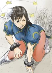 Rule 34 | 1girl, angry, black hair, boots, bracelet, bun cover, capcom, china dress, chinese clothes, chun-li, clenched teeth, closed eye, double bun, dress, female focus, hair bun, highres, jewelry, kneeling, long hair, pain, pantyhose, redlight, scratches, solo, spiked bracelet, spikes, street fighter, teeth