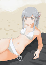 Rule 34 | absurdres, alternate costume, bikini, breasts, brown eyes, commentary request, cowboy shot, grey hair, hair ribbon, highres, kantai collection, long hair, looking at viewer, lying, on side, one-hour drawing challenge, ponytail, red ribbon, ribbon, sand, side-tie bikini bottom, sidelocks, small breasts, smile, swimsuit, toplow, usugumo (kancolle), white bikini
