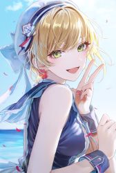 Rule 34 | 1girl, blonde hair, blue sky, blurry, blurry background, breasts, character name, cloud, commentary, day, earrings, eyelashes, flower earrings, from side, green eyes, hand up, hat, hat ribbon, highres, horizon, idolmaster, idolmaster cinderella girls, jewelry, looking at viewer, magako, medium breasts, miyamoto frederica, nail polish, ocean, open mouth, outdoors, petals, pink nails, ribbon, shirt, short hair, sky, sleeveless, sleeveless shirt, smile, solo, symbol-only commentary, upper body, v, white hat, white ribbon, wrist cuffs