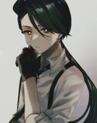 Rule 34 | 1girl, androgynous, black gloves, collared shirt, commentary request, creatures (company), earrings, game freak, gloves, green hair, grey background, hair between eyes, highres, holding, holding poke ball, hoshimachi suisei (artist), jewelry, long hair, low ponytail, nintendo, parted lips, poke ball, pokemon, pokemon sv, red eyes, rika (pokemon), shirt, sleeves rolled up, solo, upper body, white shirt