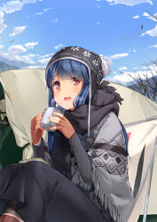 Rule 34 | 1girl, animal, bare tree, beanie, bird, black hat, black pantyhose, black scarf, black skirt, blue hair, blue sky, blush, boots, brown footwear, brown gloves, cloud, commentary request, cup, day, fringe trim, gloves, hat, highres, holding, holding cup, kanzen bouon, knees up, long sleeves, looking at viewer, mug, open mouth, outdoors, pantyhose, red eyes, scarf, shima rin, sitting, skirt, sky, solo, steam, teeth, tent, tree, upper teeth only, yurucamp