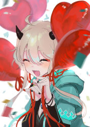 Rule 34 | 1girl, absurdres, ahoge, balloon, black horns, blonde hair, blue hoodie, blush, breasts, character request, cleavage, closed eyes, confetti, eyelashes, eyeshadow, heart balloon, highres, holding, holding balloon, hood, hood down, hoodie, horns, indie virtual youtuber, makeup, medium breasts, red eyeshadow, solo, tendoshi, upper body, virtual youtuber, white background