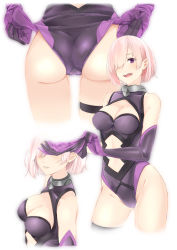 Rule 34 | 1girl, :d, absurdres, adjusting clothes, adjusting leotard, arm at side, artist request, ass, bad id, bad pixiv id, bare legs, bare shoulders, blush, breasts, cameltoe, cleavage, cleavage cutout, clothing cutout, elbow gloves, fate/grand order, fate (series), female focus, from behind, gloves, hair over one eye, head out of frame, highres, large breasts, legband, legs, leotard, light purple hair, looking at viewer, mash kyrielight, medium breasts, multiple views, navel cutout, neck, open mouth, out of frame, parted lips, pink hair, purple eyes, purple gloves, purple leotard, revealing clothes, round teeth, short hair, simple background, skin tight, sleeveless, sleeveless leotard, smile, standing, teeth, type-moon, upper body, upper teeth only, wedgie, white background
