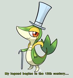 Rule 34 | cane, clothed pokemon, creatures (company), english text, excalibur (soul eater), game freak, gen 5 pokemon, hat, look-alike, nintendo, no humans, parody, pokemon, pokemon (creature), pokemon bw, red eyes, smile, smug, snivy, soul eater, subtitled, top hat