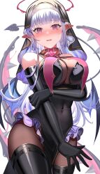 Rule 34 | 1girl, absurdres, amahara subaru, bare shoulders, black dress, black gloves, black thighhighs, blush, breasts, covered navel, cowboy shot, demon tail, demon wings, dress, ear piercing, elbow gloves, fang, gloves, grey hair, halo, highres, holding own arm, large breasts, long hair, looking at viewer, original, pantyhose, parted lips, pelvic curtain, piercing, pink eyes, pointy ears, simple background, skin fang, solo, standing, tail, tail ornament, tail piercing, tearing up, thighhighs, veil, very long hair, white background, wings