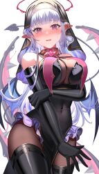 1girl absurdres amahara_subaru bare_shoulders black_dress black_gloves black_thighhighs blush breasts covered_navel cowboy_shot demon_tail demon_wings dress ear_piercing elbow_gloves fang gloves grey_hair halo highres holding_own_arm large_breasts long_hair looking_at_viewer original pantyhose parted_lips pelvic_curtain piercing pink_eyes pointy_ears simple_background skin_fang solo standing tail tail_ornament tail_piercing tearing_up thighhighs veil very_long_hair white_background wings