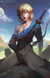 Rule 34 | 2boys, anal, androgynous, blonde hair, blue tunic, bottomless, bow (weapon), closed eyes, cowgirl position, cum, ejaculating while penetrated, ejaculation, link, lips, male focus, male masturbation, male penetrated, masturbation, multiple boys, nintendo, nipples, off shoulder, outdoors, penis, pointy ears, realistic, sabu (sabudenego), sex, sheath, sheathed, solo, straddling, sword, the legend of zelda, the legend of zelda: breath of the wild, uncensored, weapon, yaoi