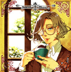 Rule 34 | 1girl, border, brown-framed eyewear, brown hair, brown jacket, brown sleeves, buttons, chinese commentary, collared jacket, collared shirt, commentary request, cup, ear piercing, english text, eyelashes, glasses, green eyes, highres, holding, holding cup, huangpi sang, indoors, jacket, layered sleeves, lipstick, long sleeves, looking at viewer, makeup, nail polish, open clothes, open jacket, original, ornate border, parted lips, piercing, red lips, red nails, round eyewear, shirt, short hair, smile, solo, thick eyebrows, tree, upper body, white shirt, window, yellow background