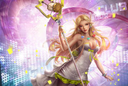 Rule 34 | 1girl, bare shoulders, blonde hair, blue eyes, bracelet, breasts, cleavage, cowboy shot, dainegikun, dress, floating hair, headphones, heart, jewelry, large breasts, league of legends, long hair, lux (league of legends), microphone, microphone stand, nail polish, necklace, open mouth, realistic, riot games, short dress, solo, staff, strapless, strapless dress, white dress