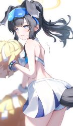 Rule 34 | 1girl, aimo wotku, animal ears, black hair, blue archive, blue eyes, blush, breasts, cowboy shot, dog ears, dog tail, eyewear on head, facial mark, halo, hibiki (blue archive), hibiki (cheer squad) (blue archive), highres, holding, holding pom poms, long hair, medium breasts, millennium cheerleader outfit (blue archive), official alternate costume, open mouth, pleated skirt, pom pom (cheerleading), pom poms, safety glasses, skirt, solo, star (symbol), tail, white skirt, yellow halo