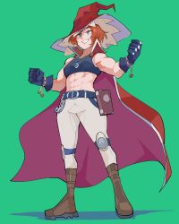 Rule 34 | 1girl, abs, absurdres, belt, black gloves, book, breasts, brown footwear, cape, chain, clenched hands, commentary, crop top, diforland, full body, gloves, green background, green eyes, grin, hat, highres, knee pads, medium hair, muscular, muscular female, orange hair, original, red cape, simple background, small breasts, smile, solo, witch hat