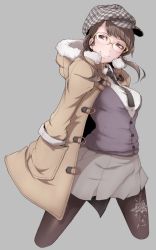 Rule 34 | 1girl, black pantyhose, brown eyes, brown hair, coat, cropped legs, floral print, glasses, grey background, hand in pocket, ina (gokihoihoi), mole, mole under eye, necktie, open clothes, open coat, original, pantyhose, print pantyhose, simple background, skirt, smile, solo, vest