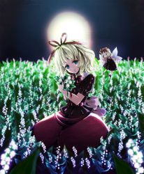 Rule 34 | 2girls, awa toka, bad id, bad pixiv id, blonde hair, blue eyes, bow, female focus, flower, hair bow, highres, lily of the valley, medicine melancholy, moon, multiple girls, outdoors, plant, ribbon, short hair, sitting, sky, solo, su-san, touhou